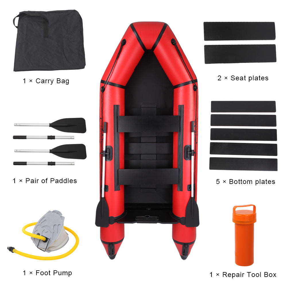 10ft Inflatable Assault Boat with Foot Pump, Paddles & Repair Kit – 2-Chamber PVC Dinghy, Red and Black
