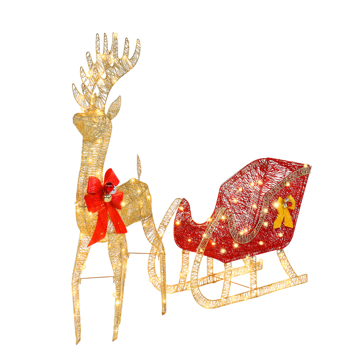 Light-Up Golden Reindeer and Red Sleigh Christmas Decoration – 120cm, 210 Lights, Garden Display