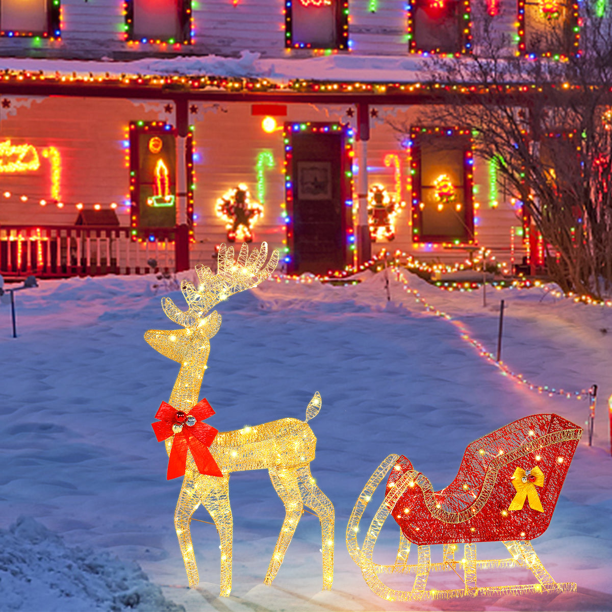 Light-Up Golden Reindeer and Red Sleigh Christmas Decoration – 120cm, 210 Lights, Garden Display