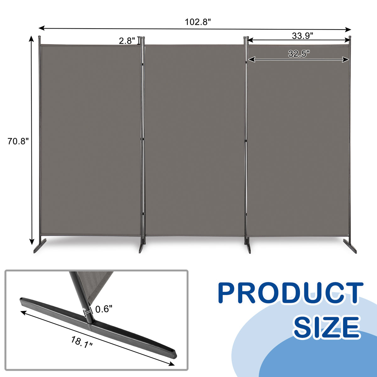 6FT Trifold Folding Room Divider Privacy Screen with Carbon Steel Frame – Polyester Fabric Partition, Grey
