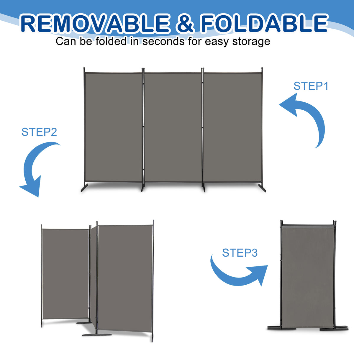 6FT Trifold Folding Room Divider Privacy Screen with Carbon Steel Frame – Polyester Fabric Partition, Grey