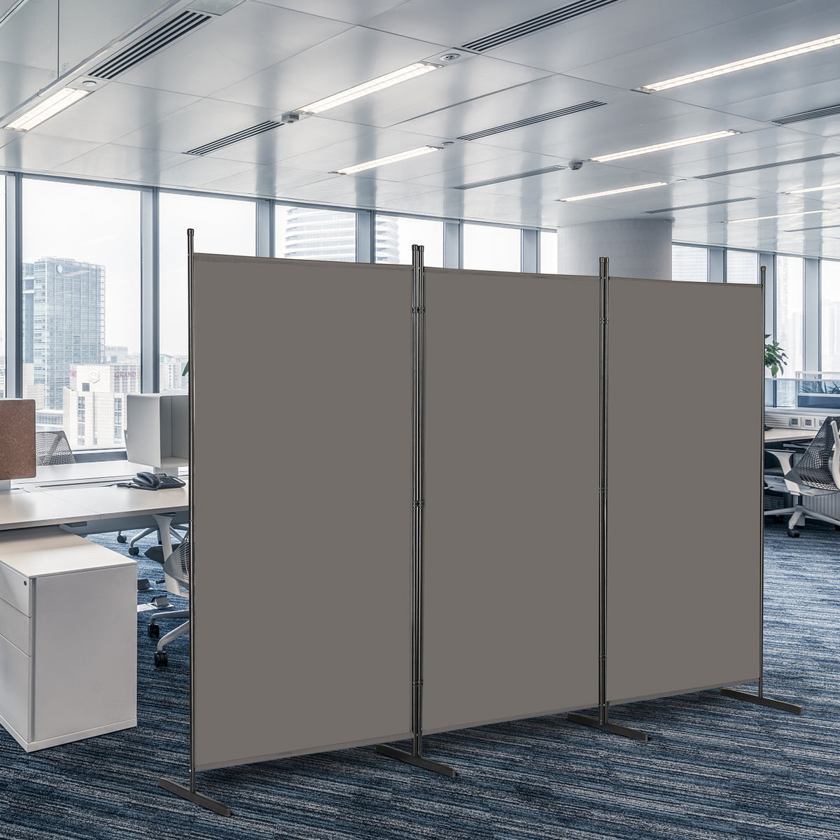 6FT Trifold Folding Room Divider Privacy Screen with Carbon Steel Frame – Polyester Fabric Partition, Grey