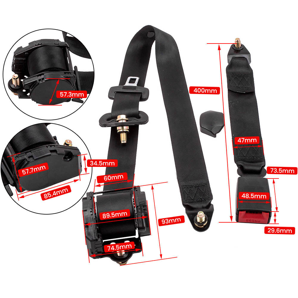 Universal 3-Point Retractable Seat Belts, Pair with Adjustable Straps – Cars, Vans & Campers, Black