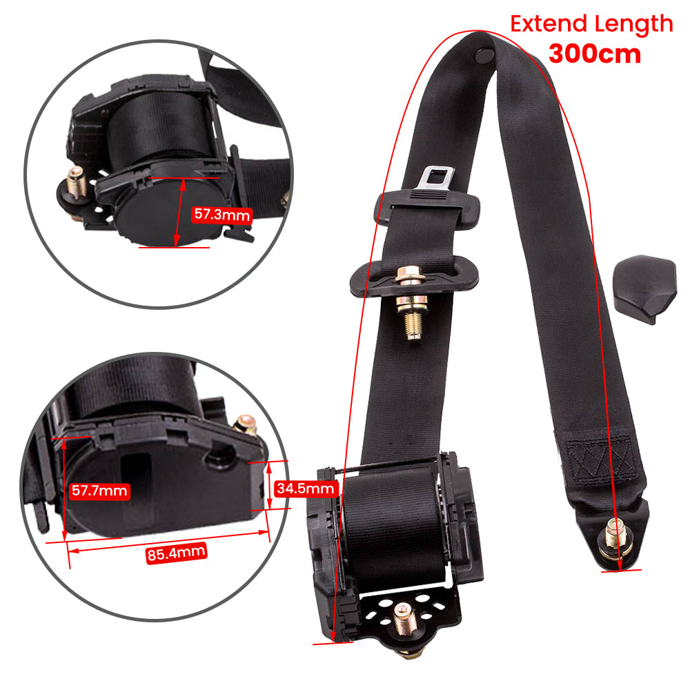 Universal 3-Point Retractable Seat Belts, Pair with Adjustable Straps – Cars, Vans & Campers, Black