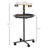 Bird Stand with Wooden Perch, 2 Stainless Steel Feeding Bowls, Round Tray & 4 Wheels – Mobile Bird Perch, Grey
