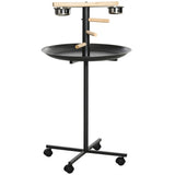 Bird Stand with Wooden Perch, 2 Stainless Steel Feeding Bowls, Round Tray & 4 Wheels – Mobile Bird Perch, Grey