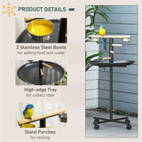 Bird Stand with Wooden Perch, 2 Stainless Steel Feeding Bowls, Round Tray & 4 Wheels – Mobile Bird Perch, Grey