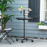 Bird Stand with Wooden Perch, 2 Stainless Steel Feeding Bowls, Round Tray & 4 Wheels – Mobile Bird Perch, Grey