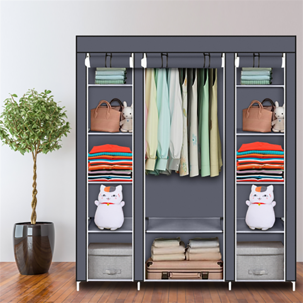 Fabric Canvas Wardrobe with Hanging Rail & Shelving – Bedroom Clothes Storage with Dust Cover