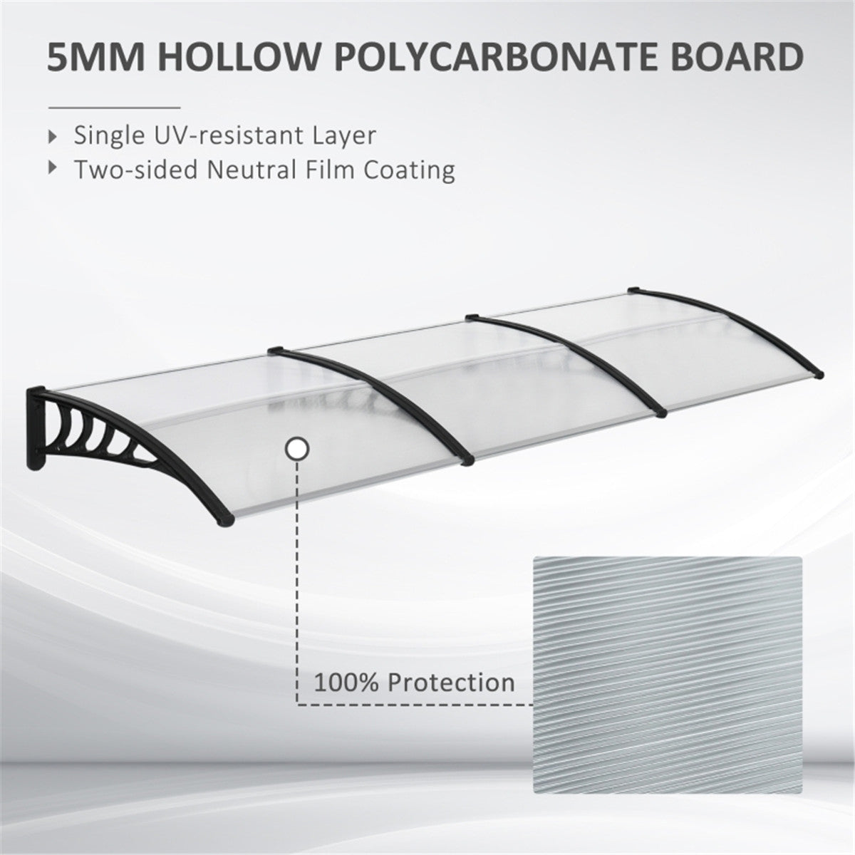 Door Canopy with Curved Polycarbonate Panels & Aluminium Frame, 303 x 96cm – Door & Window Awning, Black/Clear