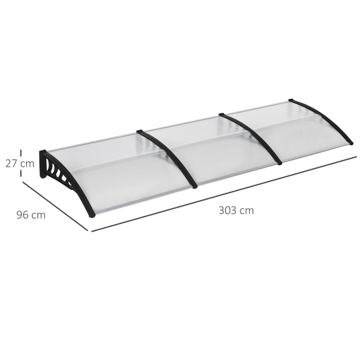 Door Canopy with Curved Polycarbonate Panels & Aluminium Frame, 303 x 96cm – Door & Window Awning, Black/Clear