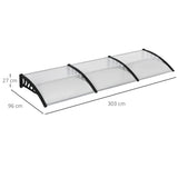 Door Canopy with Curved Polycarbonate Panels & Aluminium Frame, 303 x 96cm – Door & Window Awning, Black/Clear