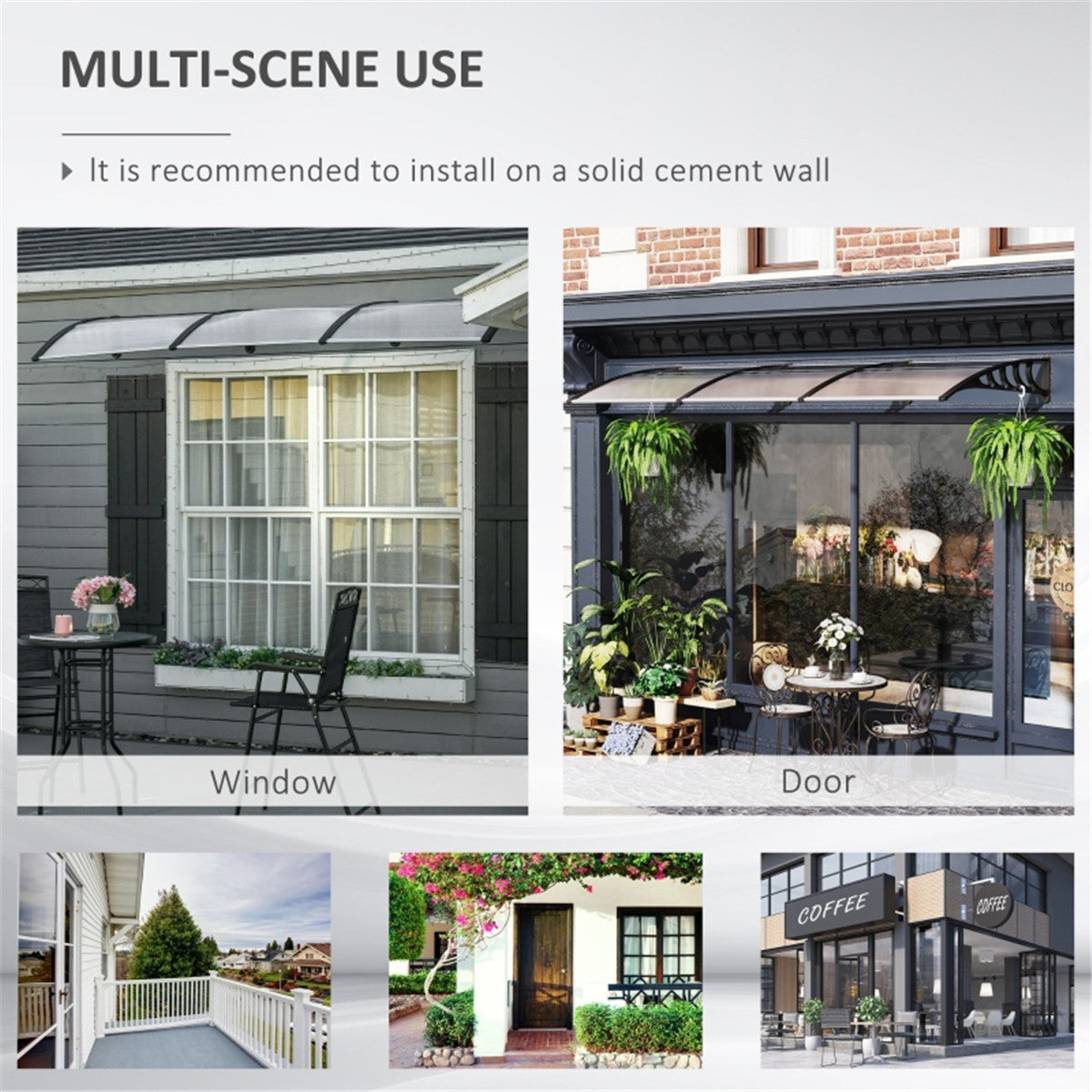 Door Canopy with Curved Polycarbonate Panels & Aluminium Frame, 303 x 96cm – Door & Window Awning, Black/Clear