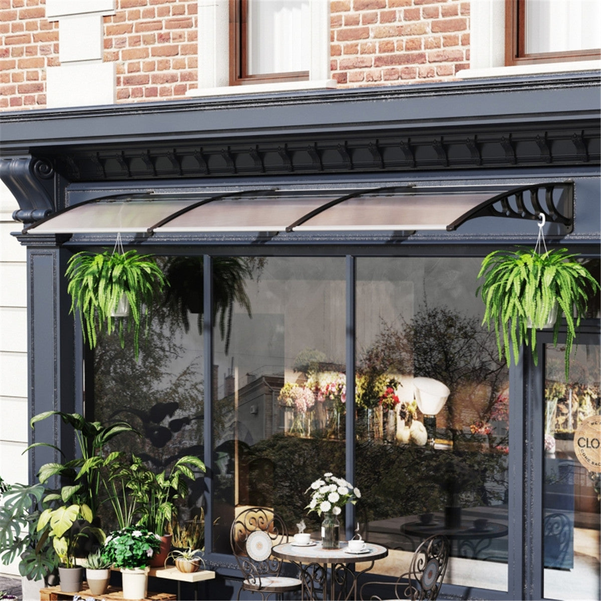 Door Canopy with Curved Polycarbonate Panels & Aluminium Frame, 303 x 96cm – Door & Window Awning, Black/Clear