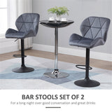 Set of 2 Velvet-Touch Swivel Bar Stools with Diamond Stitching – Adjustable Height Kitchen Stools, Grey