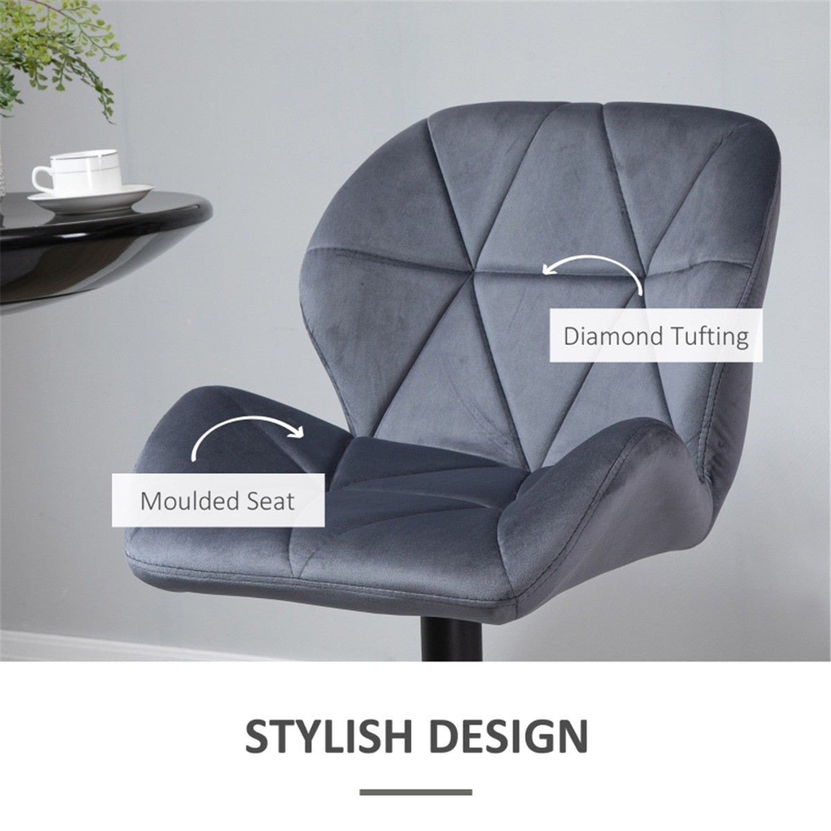 Set of 2 Velvet-Touch Swivel Bar Stools with Diamond Stitching – Adjustable Height Kitchen Stools, Grey