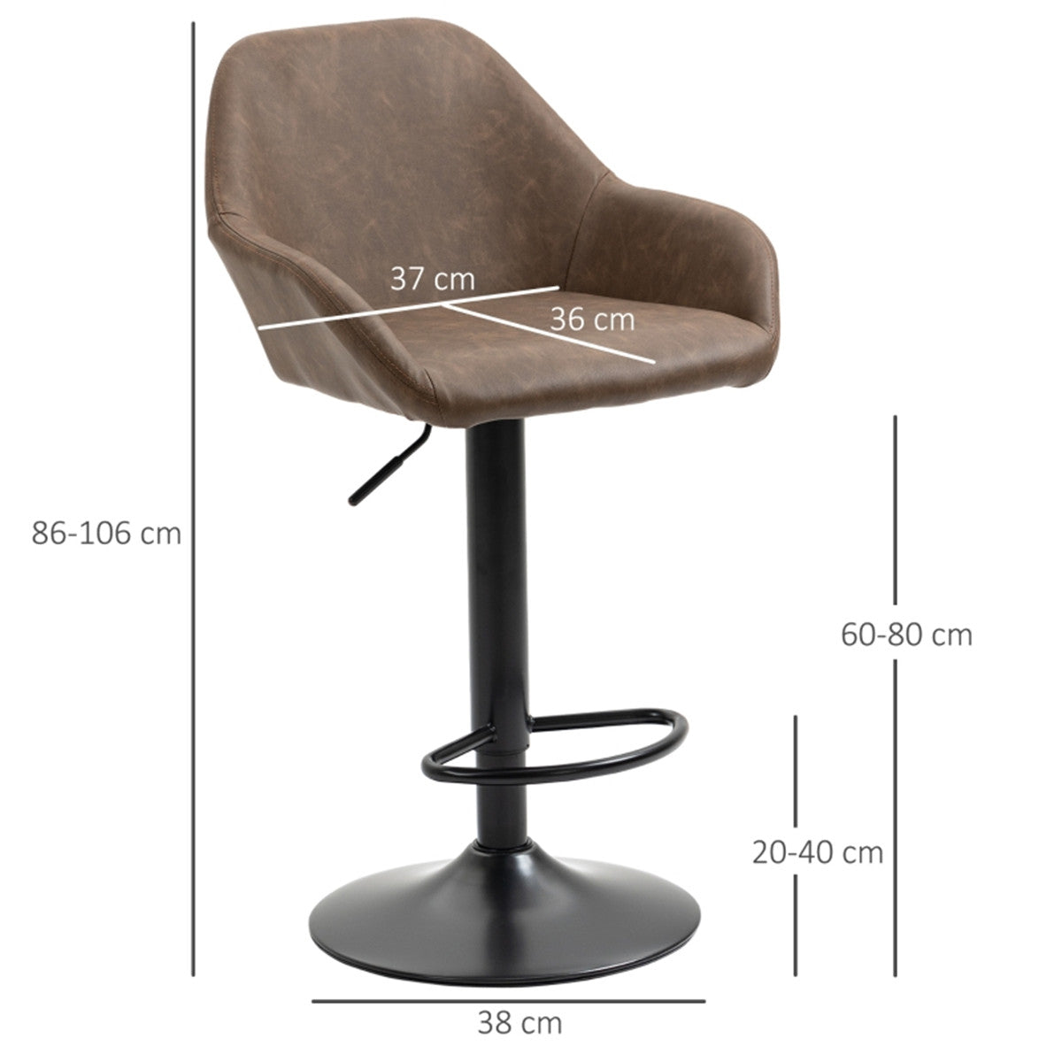 Set of 2 Adjustable Swivel Bar Stools with PU Leather Seat & Gas Lift – Kitchen Bar Chairs, Dark Brown and Black