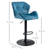 Set of 2 Velvet Bar Stools with Backs and Adjustable Swivel Seats – Triangle Stitched Kitchen Stools, Blue