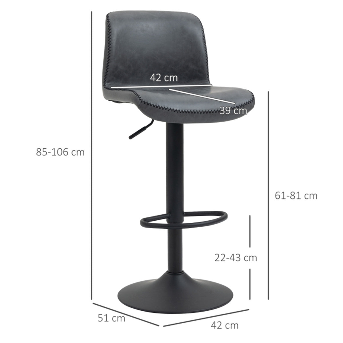Set of 2 Adjustable Swivel Bar Stools with Weathered PU Leather & Footrest – Kitchen Bar Chairs, Dark Grey