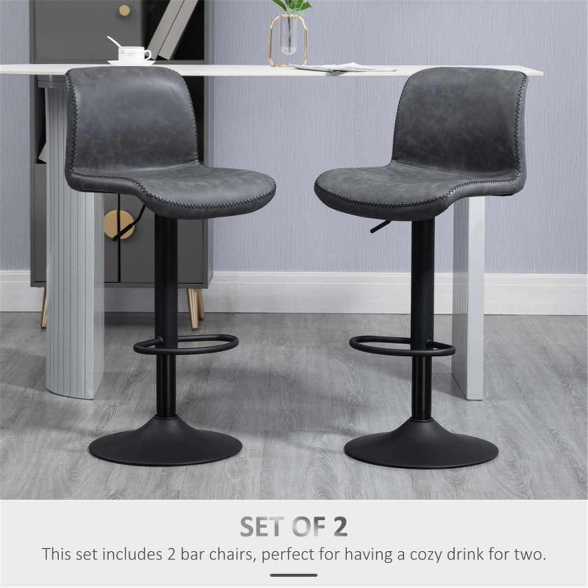 Set of 2 Adjustable Swivel Bar Stools with Weathered PU Leather & Footrest – Kitchen Bar Chairs, Dark Grey