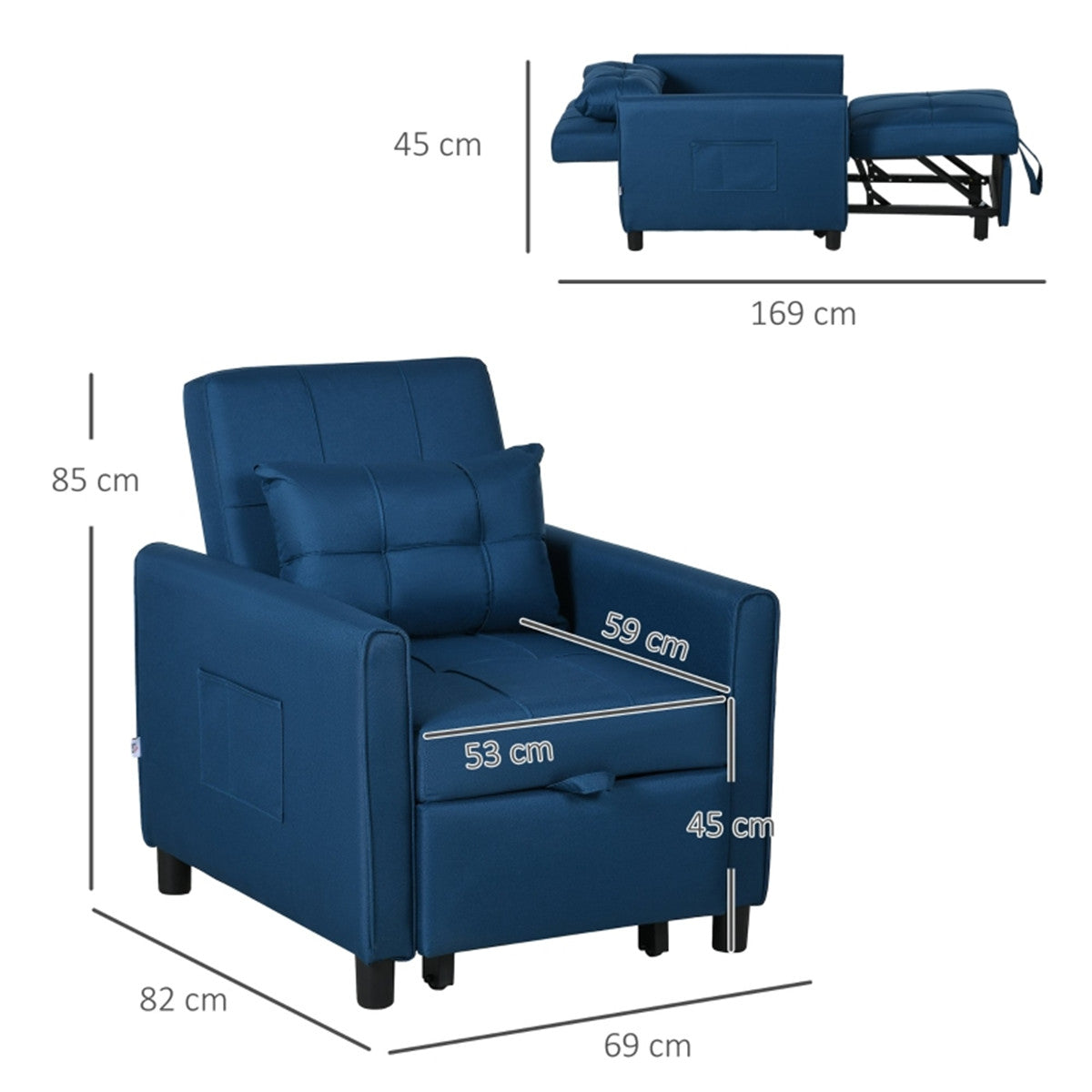 Blue Chair Bed converted into bed position