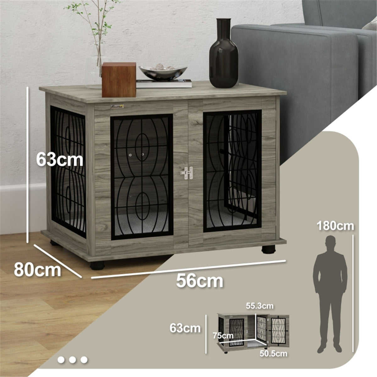 Dog Crate Furniture Side Table with Cushion & Lockable Door – For Medium Dogs up to 20kg, Grey Wood Effect