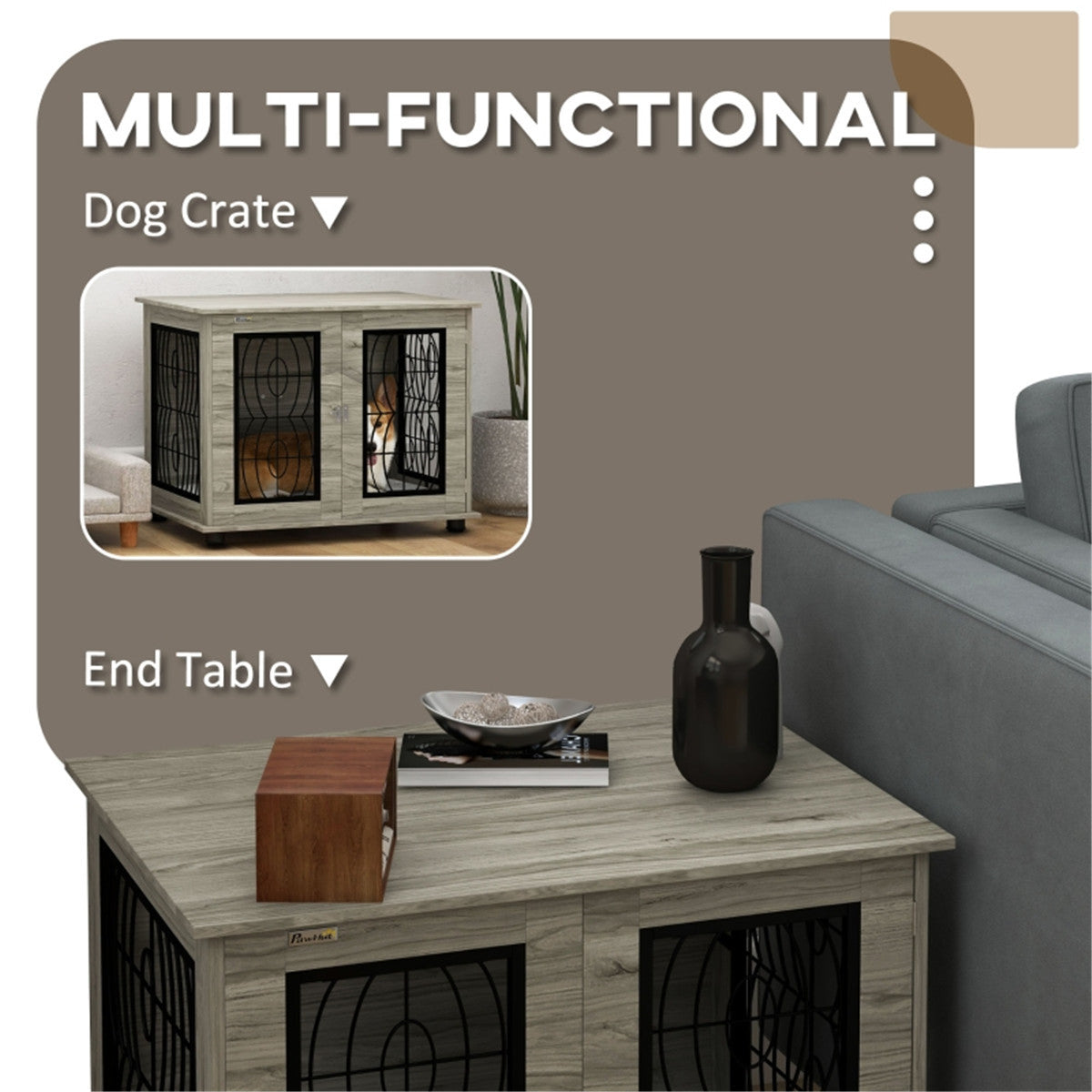 Dog Crate Furniture Side Table with Cushion & Lockable Door – For Medium Dogs up to 20kg, Grey Wood Effect