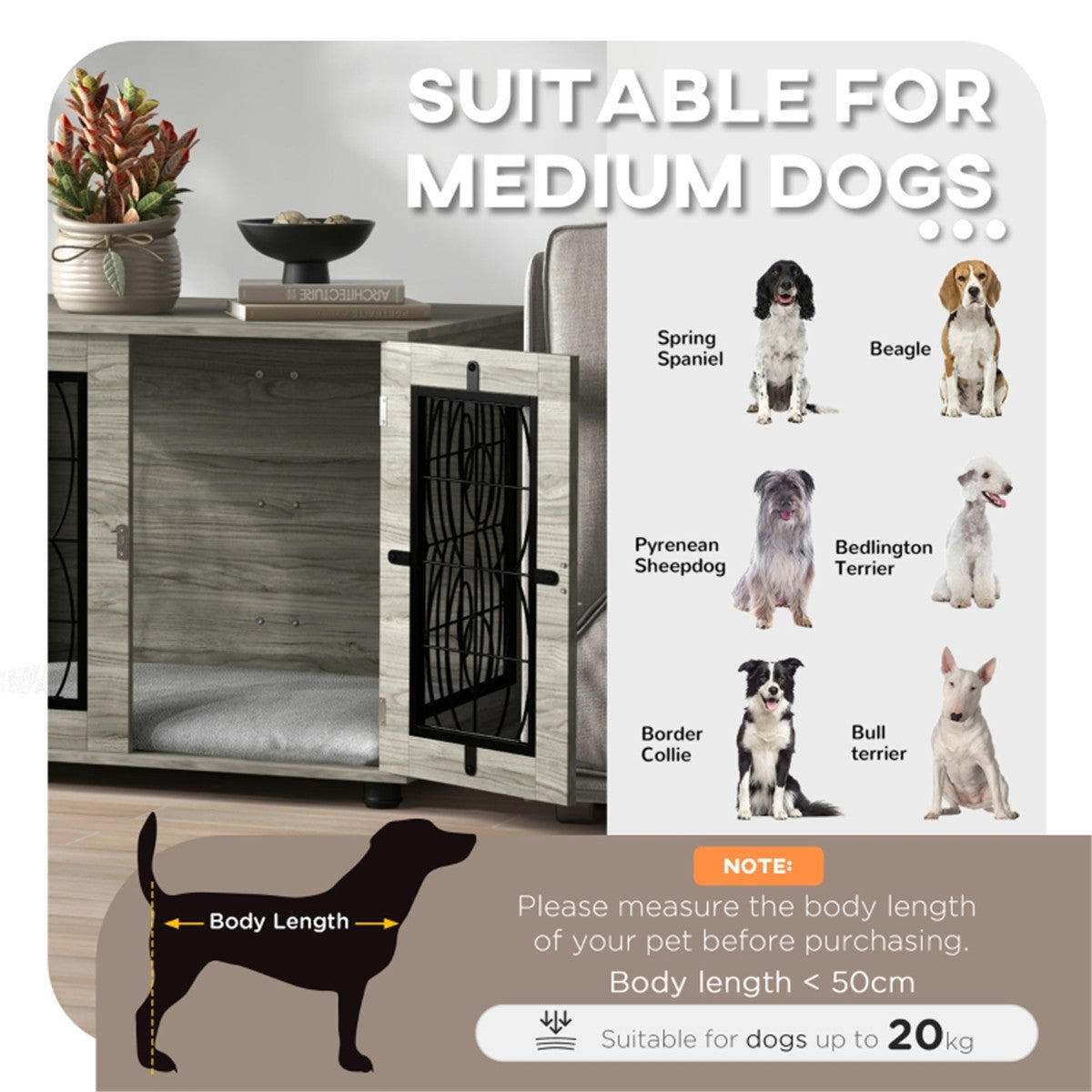 Dog Crate Furniture Side Table with Cushion & Lockable Door – For Medium Dogs up to 20kg, Grey Wood Effect