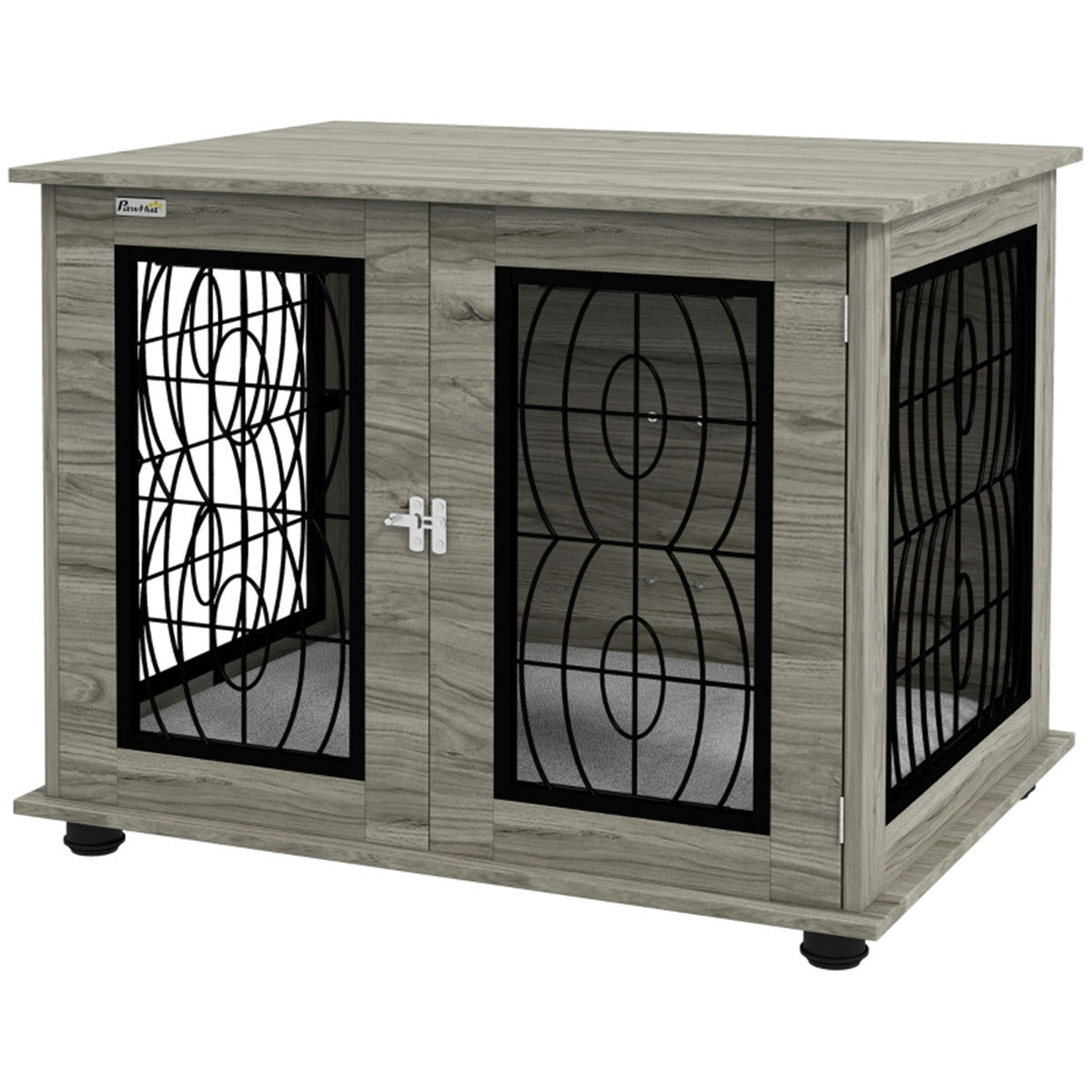 Dog Crate Furniture Side Table with Cushion & Lockable Door – For Medium Dogs up to 20kg, Grey Wood Effect