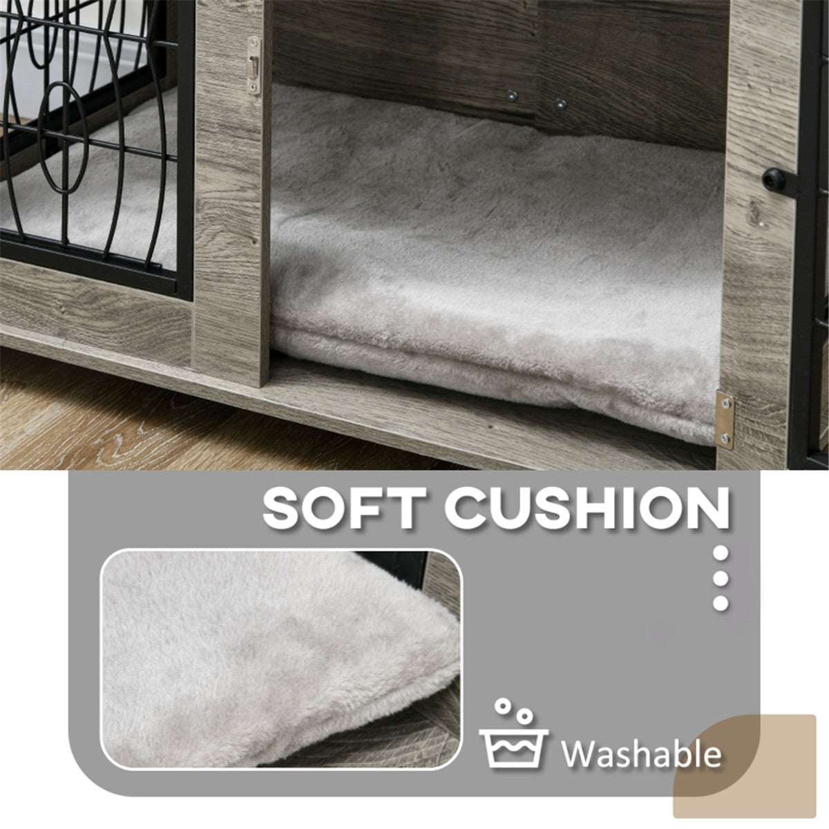 Dog Crate Furniture Side Table with Cushion & Lockable Door – For Medium Dogs up to 20kg, Grey Wood Effect
