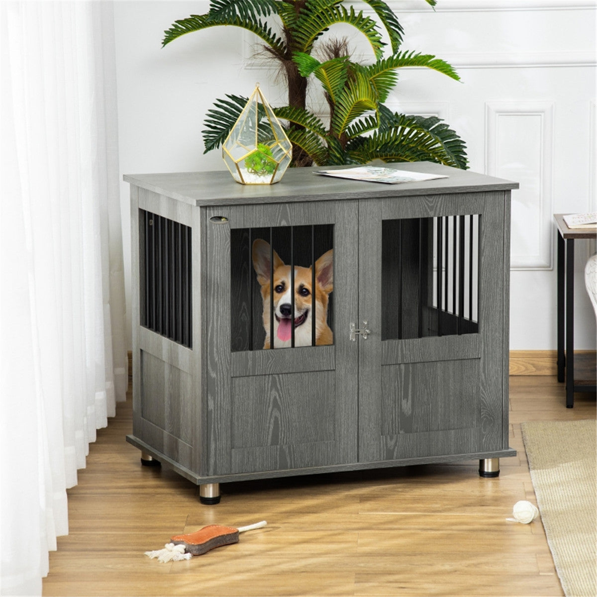 Dog Crate Furniture with Wide Tabletop, Magnetic Door & Bolt – 95cm Indoor Kennel for Medium & Large Dogs, Grey