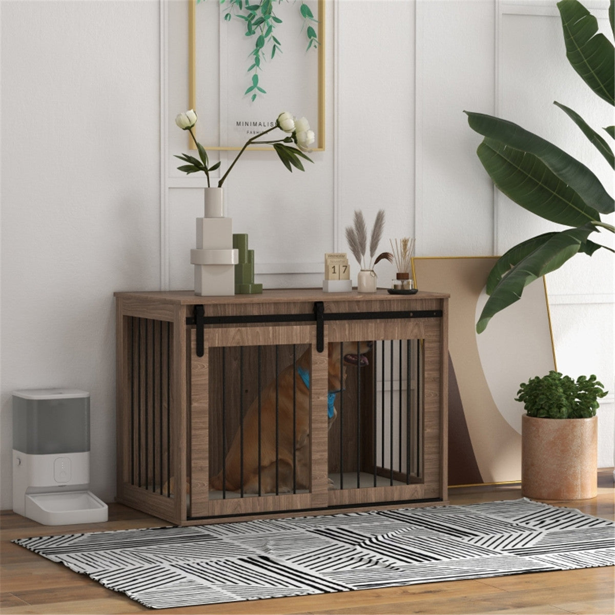 Dog Crate Furniture Side Table with Sliding Barn Door & Cushion – For Large Dogs up to 30kg, Brown & Cream