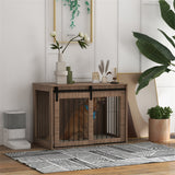 Dog Crate Furniture Side Table with Sliding Barn Door & Cushion – For Large Dogs up to 30kg, Brown & Cream