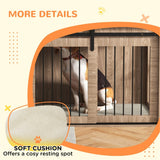 Dog Crate Furniture Side Table with Sliding Barn Door & Cushion – For Large Dogs up to 30kg, Brown & Cream