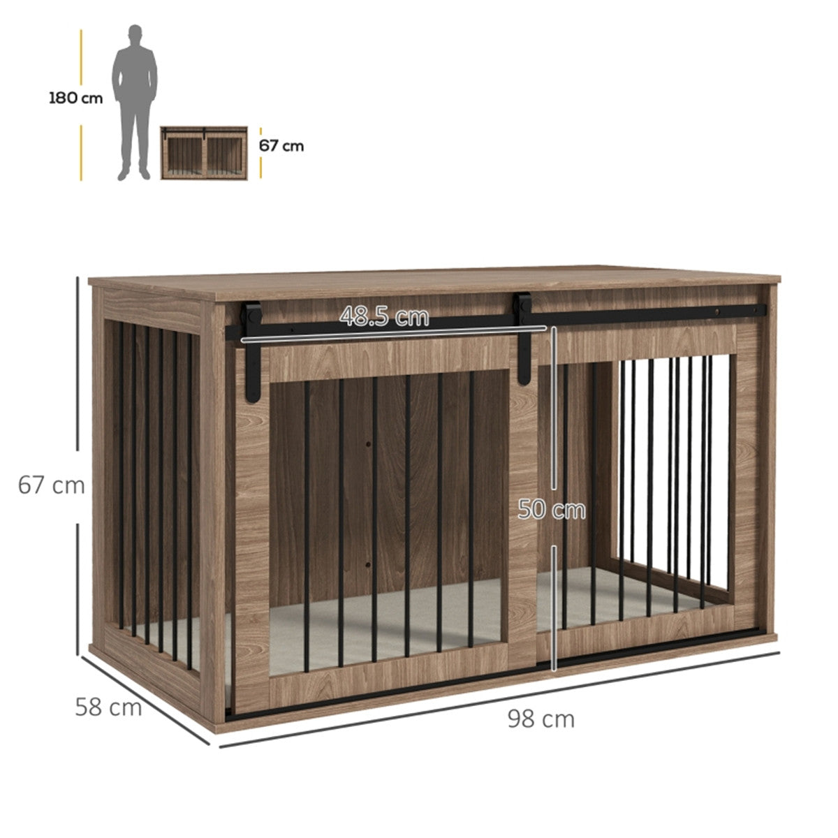 Dog Crate Furniture Side Table with Sliding Barn Door & Cushion – For Large Dogs up to 30kg, Brown & Cream