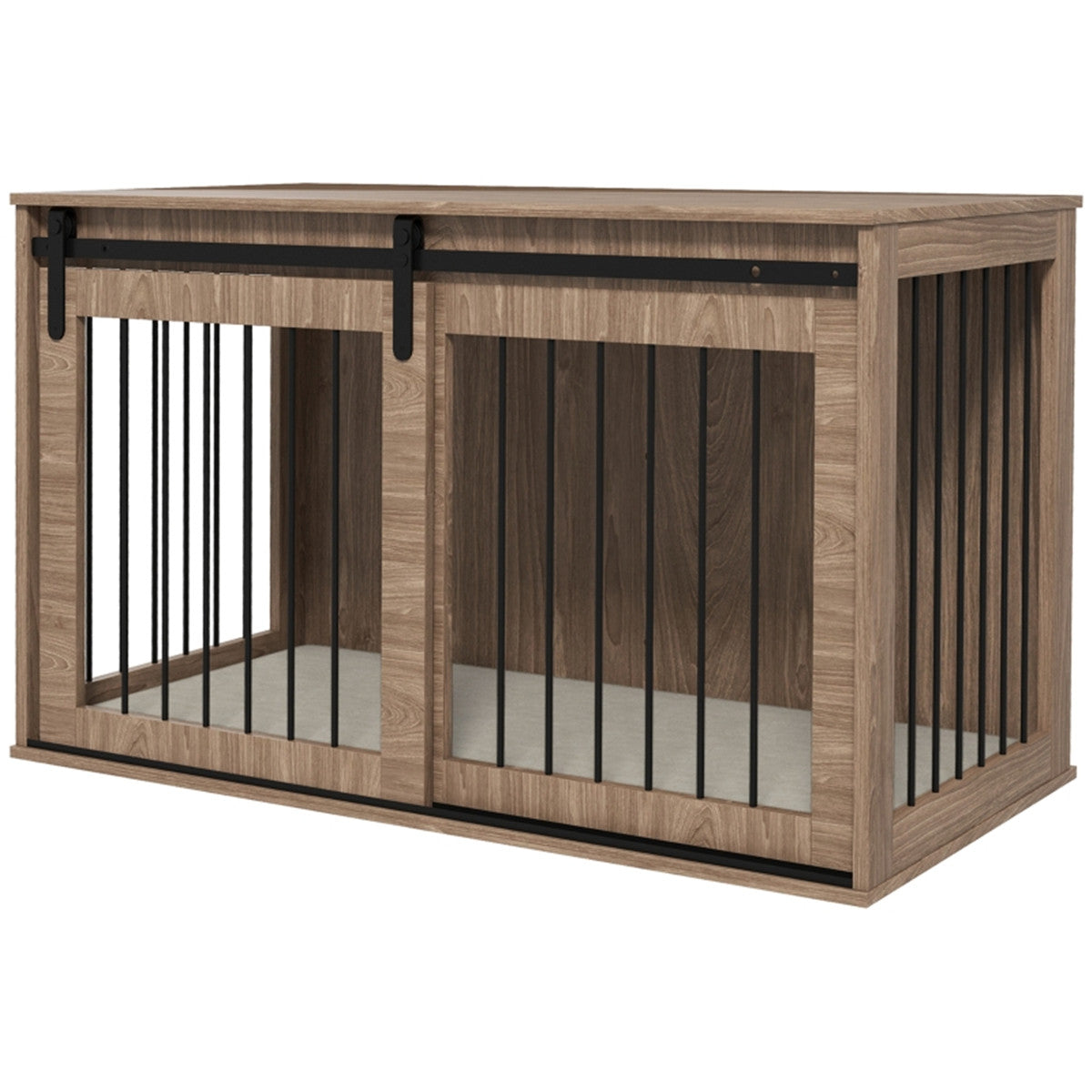 Dog Crate Furniture Side Table with Sliding Barn Door & Cushion – For Large Dogs up to 30kg, Brown & Cream