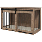 Dog Crate Furniture Side Table with Sliding Barn Door & Cushion – For Large Dogs up to 30kg, Brown & Cream