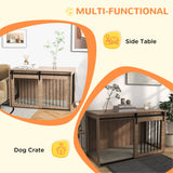 Dog Crate Furniture Side Table with Sliding Barn Door & Cushion – For Large Dogs up to 30kg, Brown & Cream