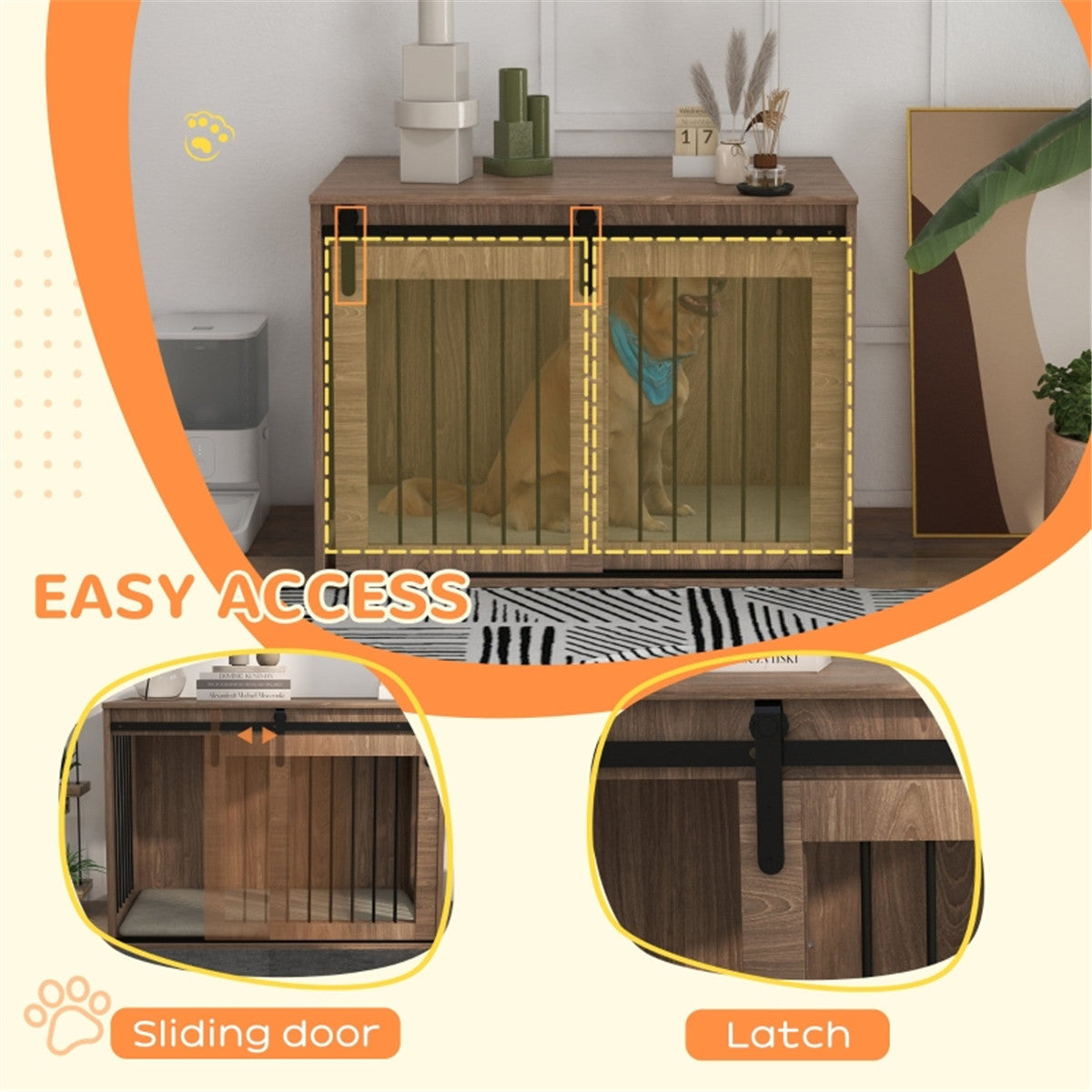 Dog Crate Furniture Side Table with Sliding Barn Door & Cushion – For Large Dogs up to 30kg, Brown & Cream