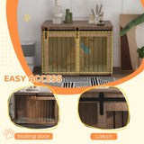 Dog Crate Furniture Side Table with Sliding Barn Door & Cushion – For Large Dogs up to 30kg, Brown & Cream
