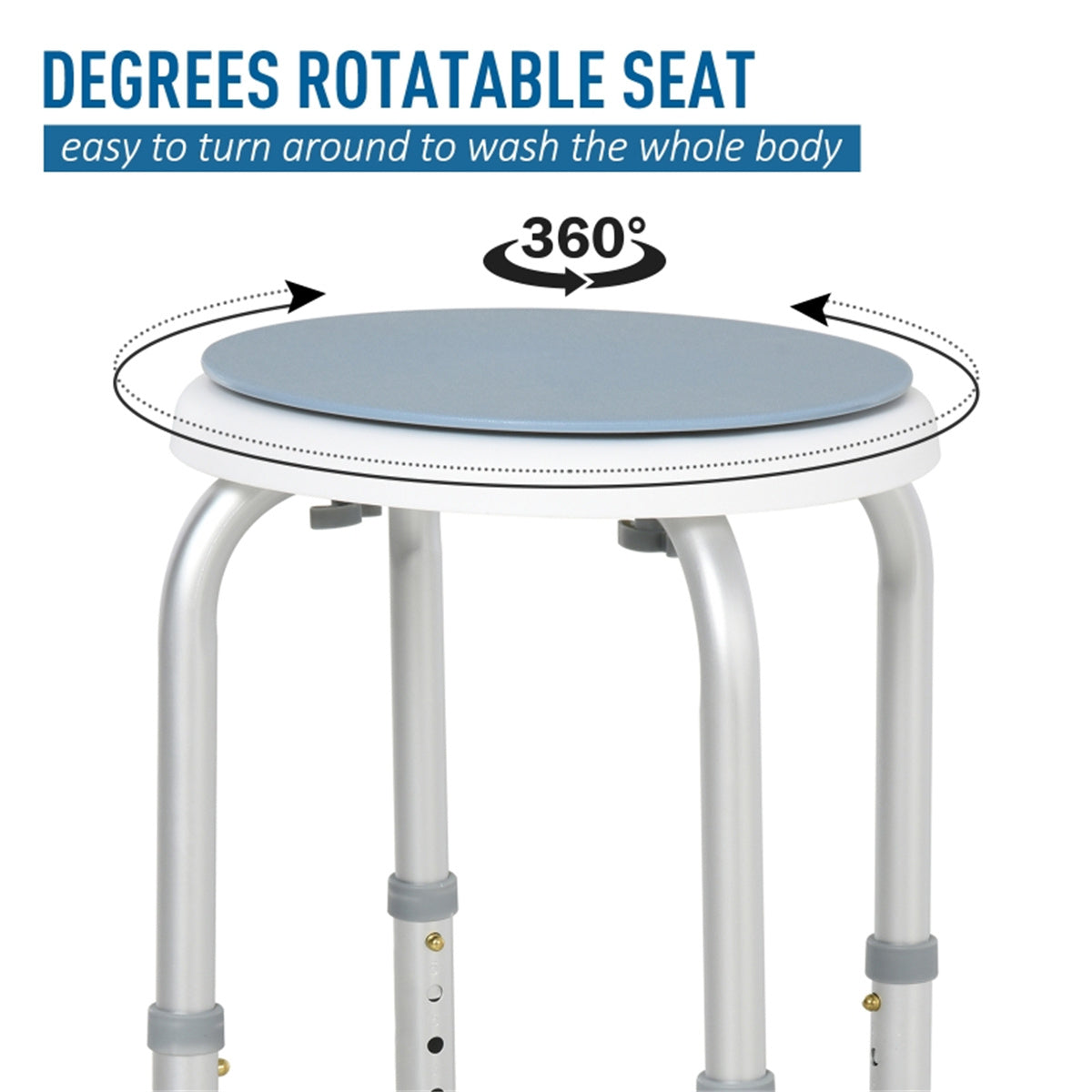 HOMCOM 360° Swivel Bath Shower Stool with Six Height Settings – Non-Slip Aluminium Shower Seat, Blue and White