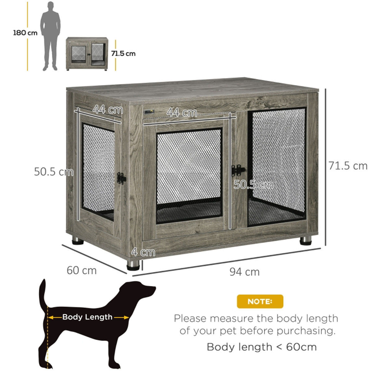 Dog Crate Furniture Side Table with Cushion, Front & Side Doors – For Large Dogs up to 30kg, Grey and Black
