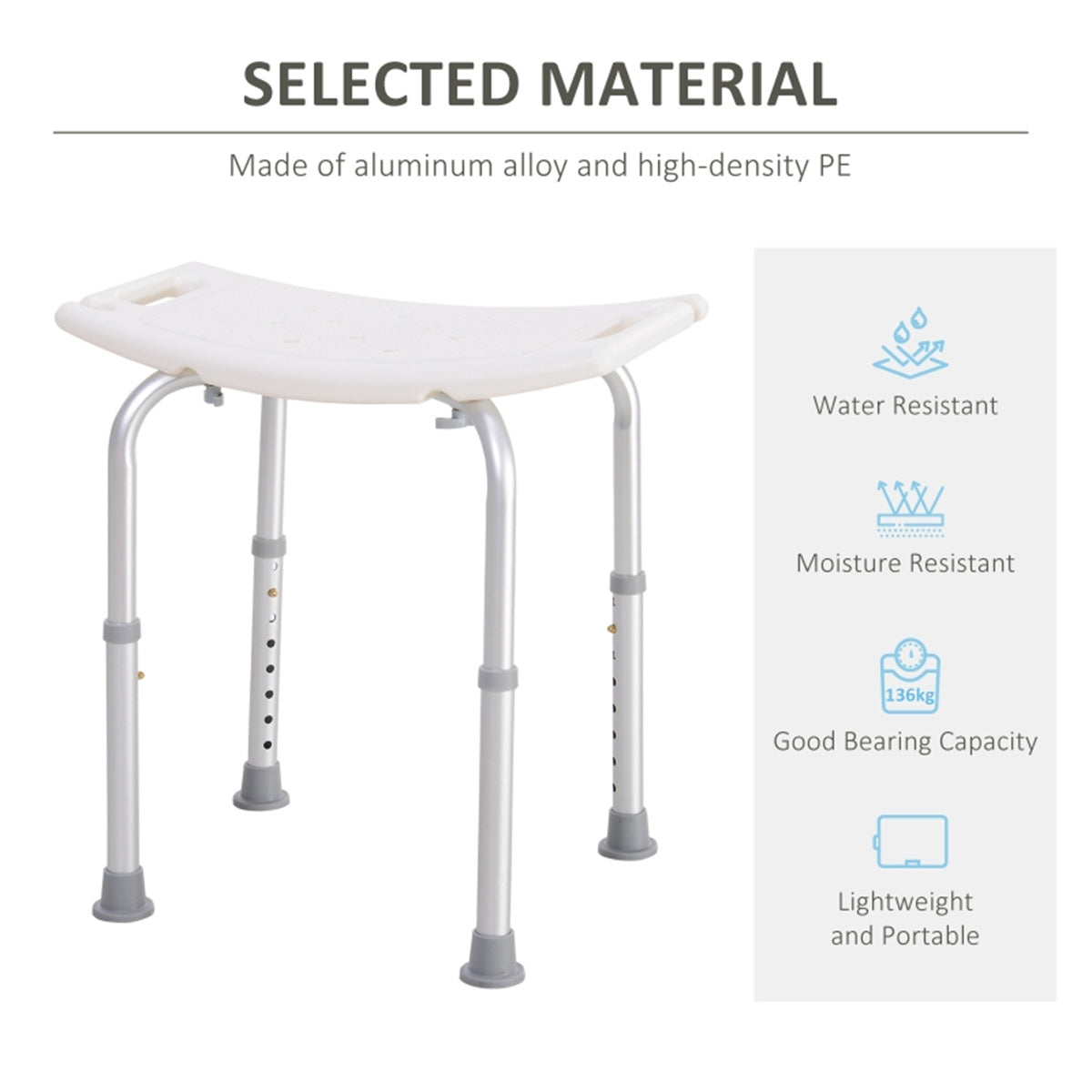 Aluminium Shower Stool with Drainage Holes and Non-Slip Feet, 135kg, Height Adjustable – Bath Seat, White