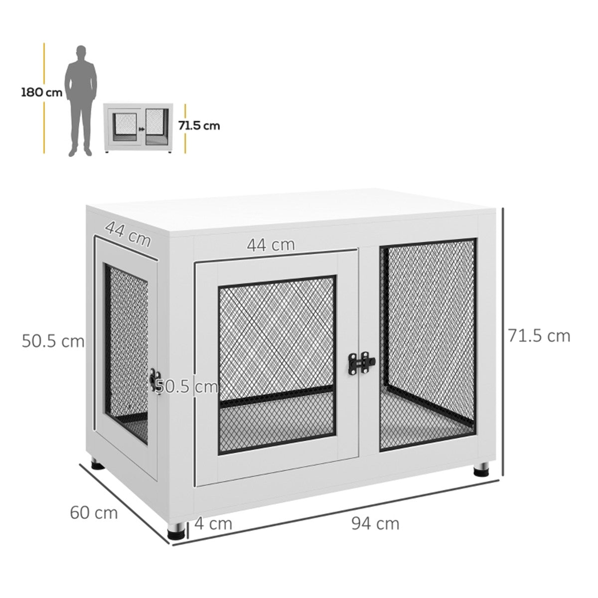 Dog Crate Furniture Side Table with Cushion, Front & Side Doors – For Large Dogs up to 30kg, White and Black