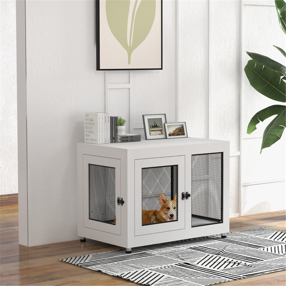 Dog Crate Furniture Side Table with Cushion, Front & Side Doors – For Large Dogs up to 30kg, White and Black