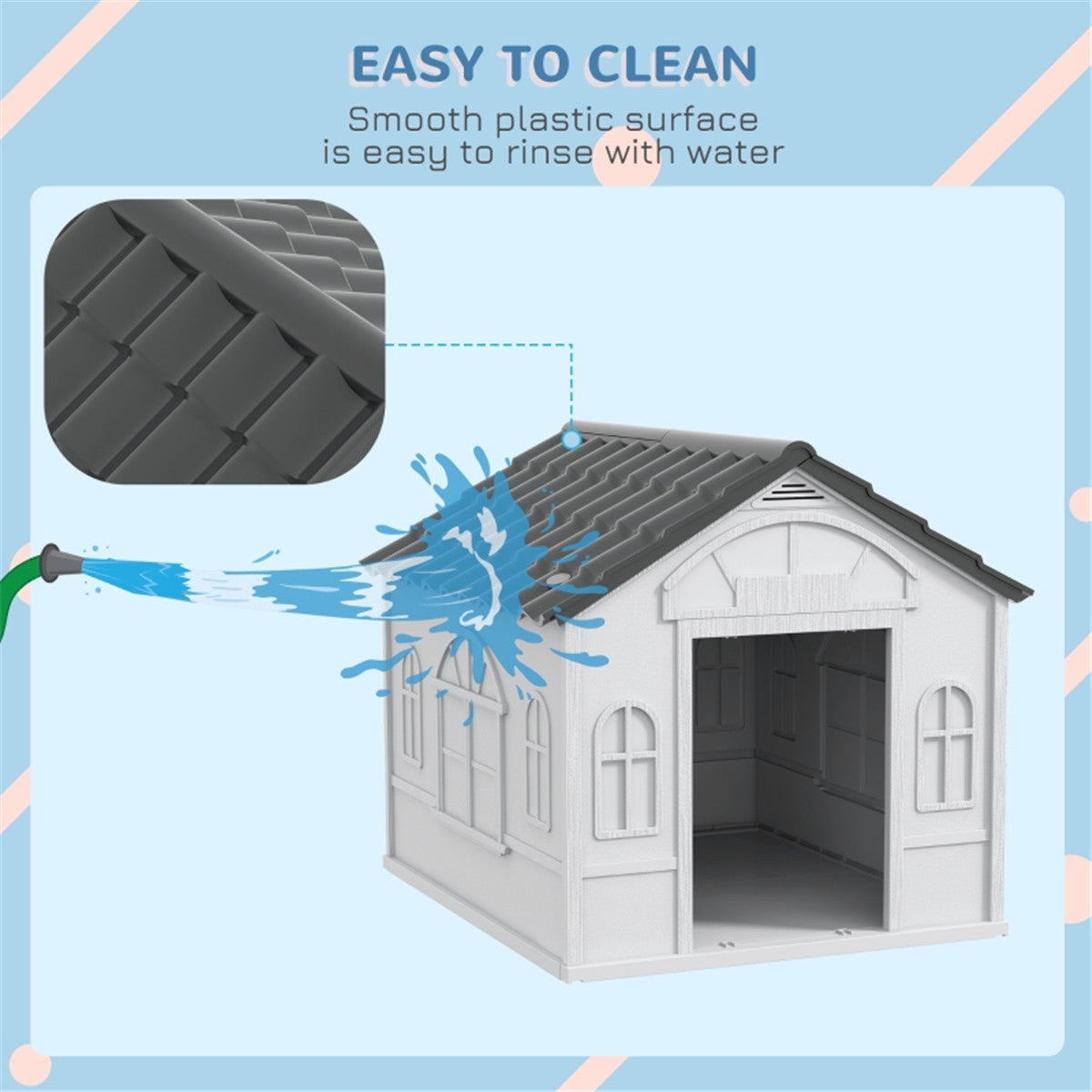 Weatherproof Plastic Dog Kennel with Cottage Windows & Large Door – Medium Dogs, Grey and White