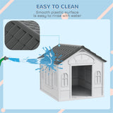 Weatherproof Plastic Dog Kennel with Cottage Windows & Large Door – Medium Dogs, Grey and White