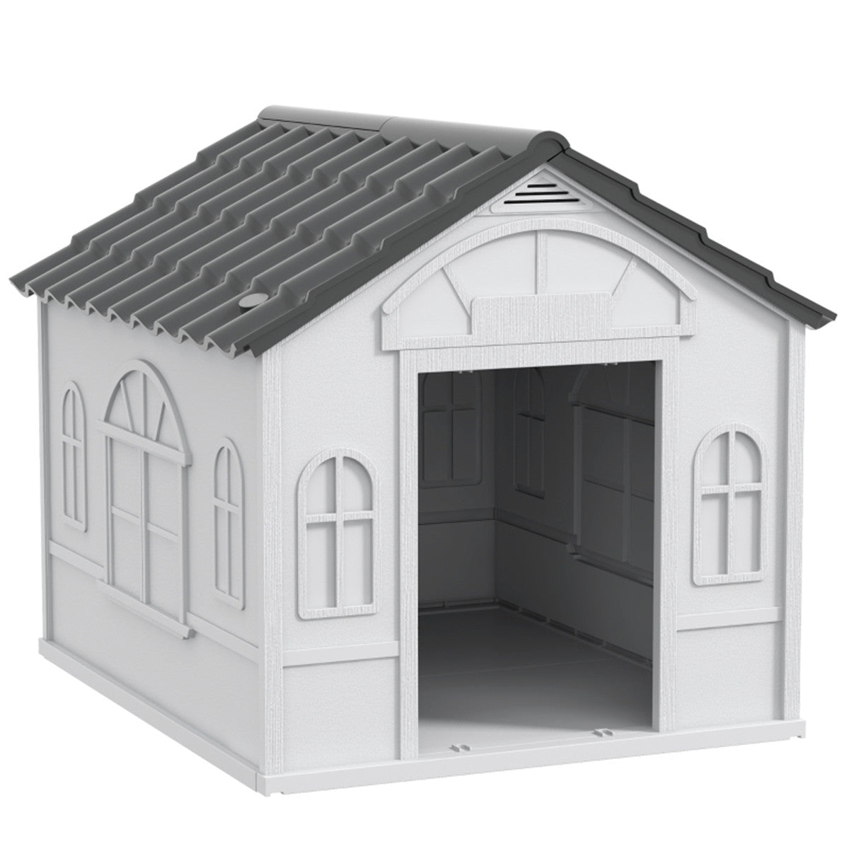 Weatherproof Plastic Dog Kennel with Cottage Windows & Large Door – Medium Dogs, Grey and White