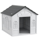 Weatherproof Plastic Dog Kennel with Cottage Windows & Large Door – Medium Dogs, Grey and White