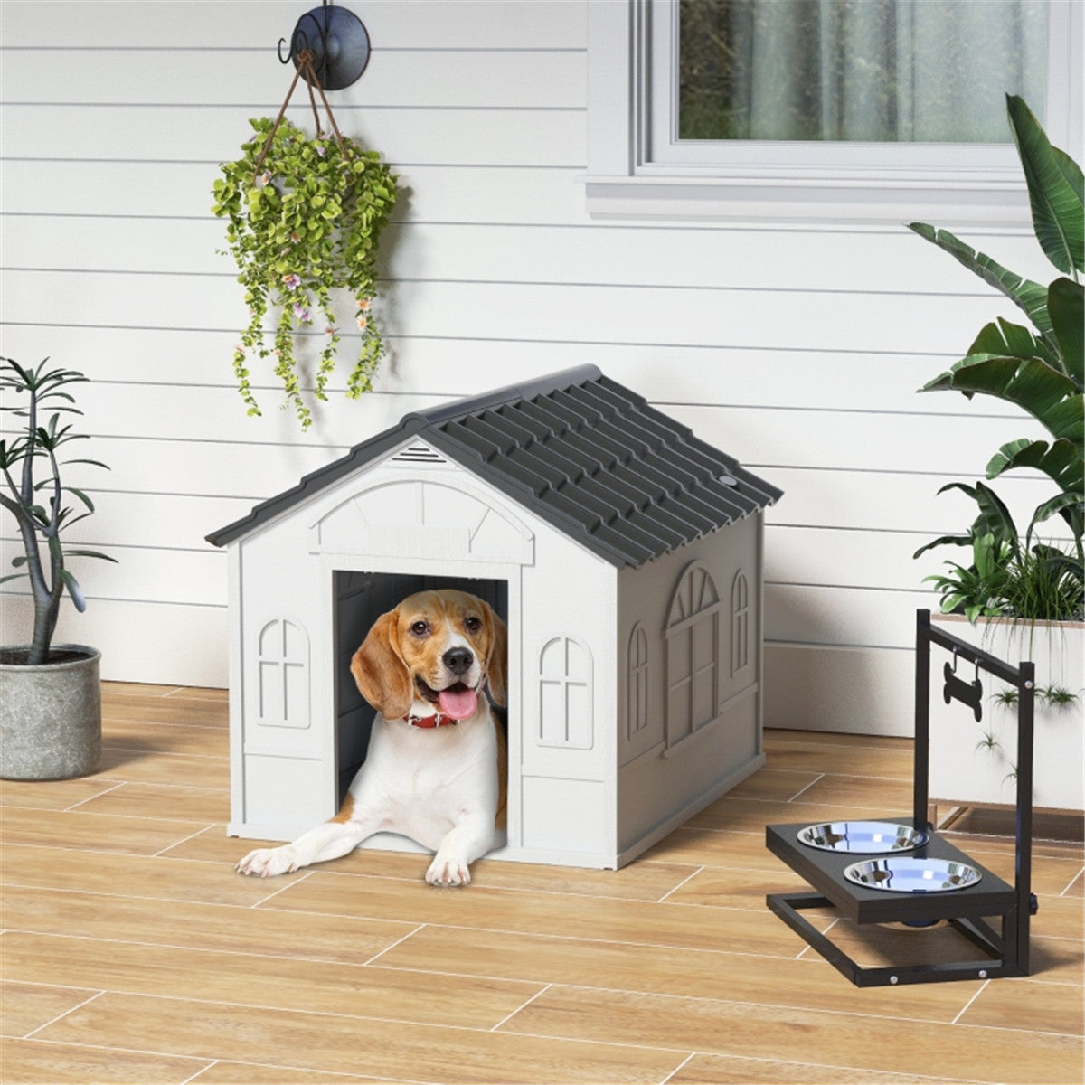 Weatherproof Plastic Dog Kennel with Cottage Windows & Large Door – Medium Dogs, Grey and White